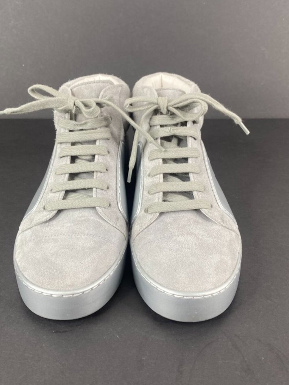 Chanel Grey Silver Suede Rubber CC High Top Sneakers Size 37.5 - Picture 3 of 12